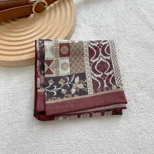 Retro dark red cotton square scarf with vintage floral and geometric patterns