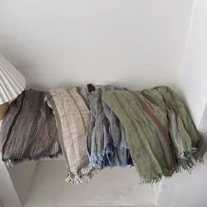 Retro linen cotton scarves set in earthy tones with stripe patterns and fringe edges