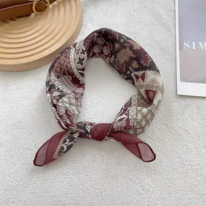 Retro dark red silk scarf with bohemian floral patterns for women's fashion styling