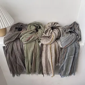 Vertical striped cotton linen scarf with fringe edges in grey, olive, beige, and blue