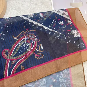 Detail of vintage paisley and floral print on breathable cotton-linen small square scarf