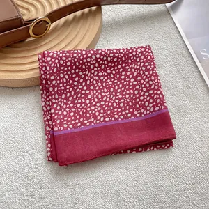 Elegant burgundy leopard print silk square scarf with white stone patterns for women