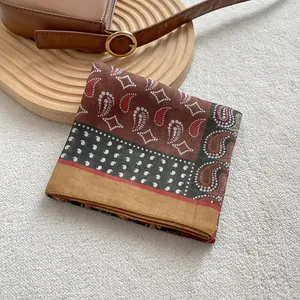 Vintage paisley pattern square cotton neck scarf in earthy brown and rust tones