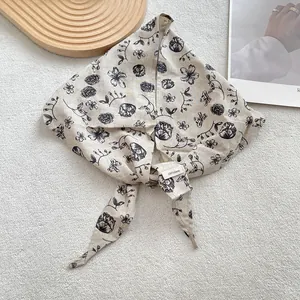 Vintage floral linen triangle scarf headband for women with black floral print