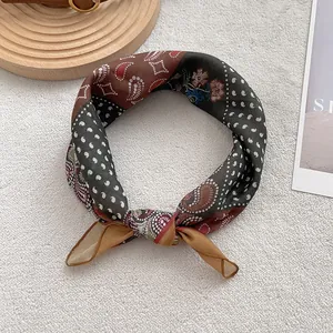 Elegant Japanese silk square scarf with paisley and polka dot patterns in retro tones