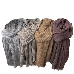 Japanese style pleated cotton linen scarf with tassels in four neutral earth tones