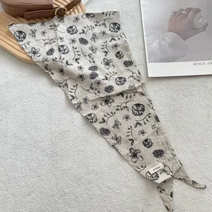 Vintage floral 100% linen triangle scarf with black leaf pattern on beige background