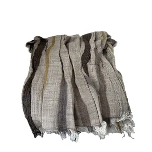 Vintage cotton linen striped scarf with fringe edge in mustard yellow and grey tones