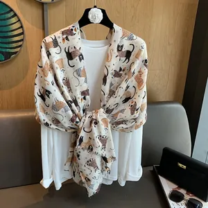 Cute Cartoon Cat Print Scarf For Women Lightweight Soft Cotton Linen Shawl Sunscreen Travel Wrap With Fringe Tassel Decor