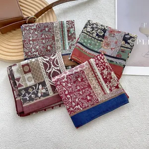 Retro floral cotton square scarves in dark red and ethnic prints for elegant women