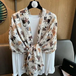 Charming cotton linen scarf with cute cartoon cat print for sun protection and travel