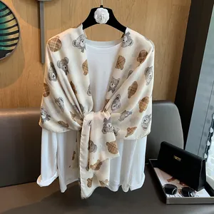 Women Cotton Scarf Teddy Bear Print Plaid Pattern Soft Lightweight Shawl For Travel Daily All Season Fashion Accessory