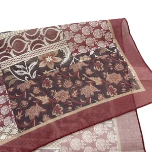 Vintage dark red floral cotton scarf with ethnic prints and geometric patterns