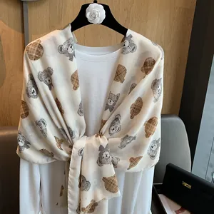 Beige cotton linen scarf with cartoon teddy bear pattern and brown checkered plaid design