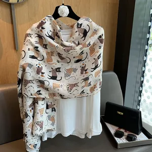 Elegant cotton linen scarf with cute cartoon cat prints for sun protection and autumn style