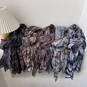 Écharpe en coton et lin plissée avec dégradé de couleurs style rétro pour femmes