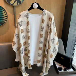 Off-white cotton linen scarf with teddy bear print for women beach shawl