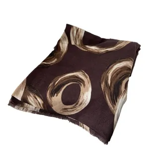 Elegant coffee brown scarf with beige interlocking rings and fringe trim for women