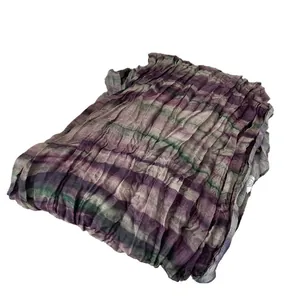 Écharpe plissée en coton et lin pour femme avec rayures dégradées vintage violet et vert