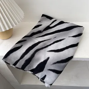 Thick zebra pattern scarf with fringed edges for women, black and white soft pashmina shawl