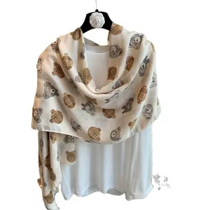 Chic beige cotton linen scarf with cartoon teddy bears and classic plaid pattern prints