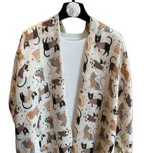 Beige cotton linen shawl with cute cartoon cat patterns for sun protection and travel