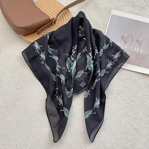 Breathable black cotton linen scarf with elegant white lily of the valley floral pattern