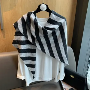 Classic black and white striped 100% wool knit shawl for winter elegant accessory