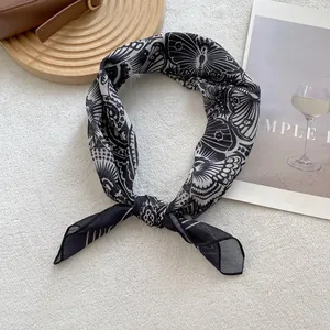 Vintage butterfly print cotton blend neck scarf for women with black and white patterns