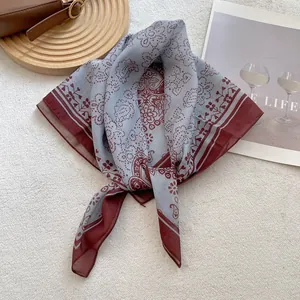 Vintage paisley pattern square scarf in blue and burgundy with a soft texture