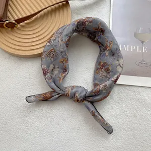 Vintage floral silk square scarf in grey with elegant knot styling for women