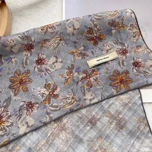 Vintage floral silk square scarf in dusty blue with orange flowers and explore infinity label