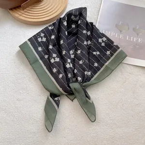 Vintage navy blue and sage green floral silk square scarf with striped patterns