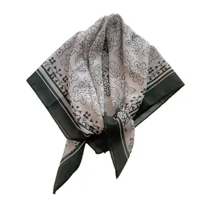 Vintage paisley print silk square scarf in light grey and green with floral border