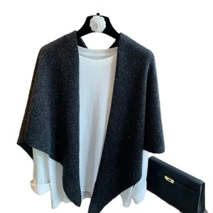 Dark grey speckled 100% wool knit shawl scarf styled with a white shirt and accessories