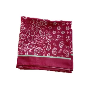 Deep red paisley vintage silk scarf with white floral patterns and light green stripe detail