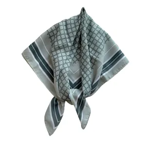 Eleganter salbeigrüner Seidenschal mit geometrischem Karomuster und gestreiften Rändern
