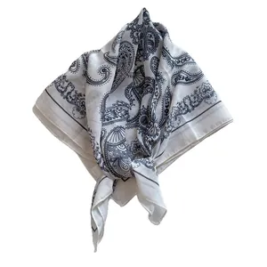 Classic paisley pattern square scarf in breathable white fabric with blue floral prints