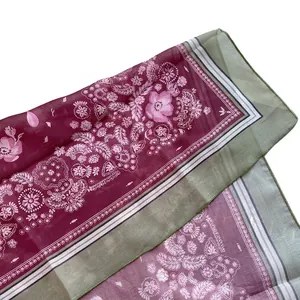 Elegant paisley square silk scarf with floral pattern and wine red and green borders