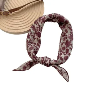 Vintage floral silk square scarf in burgundy and cream with stylish knotted design