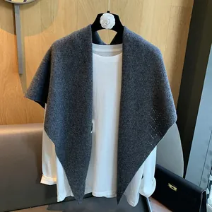 Dark gray hollow knitted triangle shawl scarf wrap with cashmere feel for women