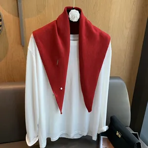 Soft red 100% wool knitted triangle scarf for women with elegant button closure
