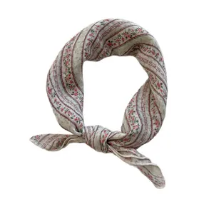 Floral cotton linen square scarf with red blossom pattern on cream background