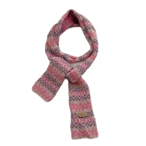 Vintage Fair Isle gebreide sjaal met roze en paars geometrisch patroon en leren label