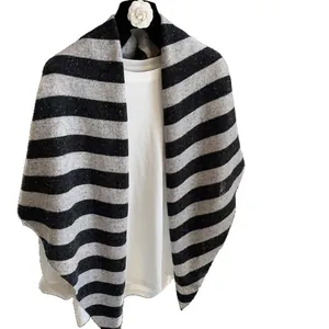Australian wool oversized striped shawl scarf for women in black and grey knit design