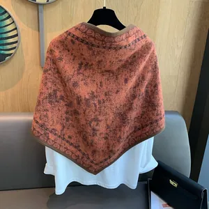 Retro orange triangle shawl with paisley borders and wool texture for women