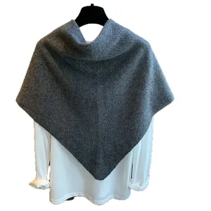 Elegant grey knitted hollow triangle shawl scarf with soft winter texture for women
