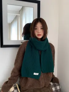Close-up of thick green knit scarf texture featuring a white woven brand label detail