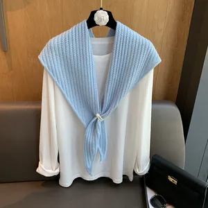 Châle Triangle en Pure Laine Tricoté pour Femmes Rayures en Arête de Poisson Côte Ajouré Enveloppement Chaud Style Coréen Hiver Automne