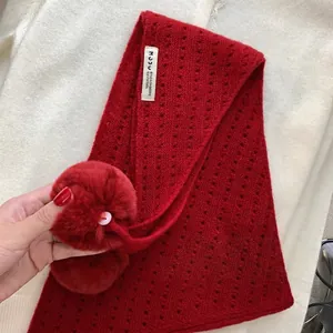 Red wool knit triangle scarf with detachable rabbit fur pom-poms for winter warmth